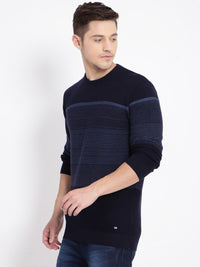 T-Base Men Navy Blue Striped Pullover Sweater