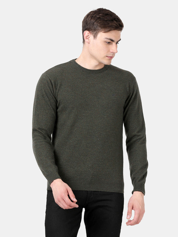 t-base Forest Green Melange Full Sleeve Crewneck Solid Sweater