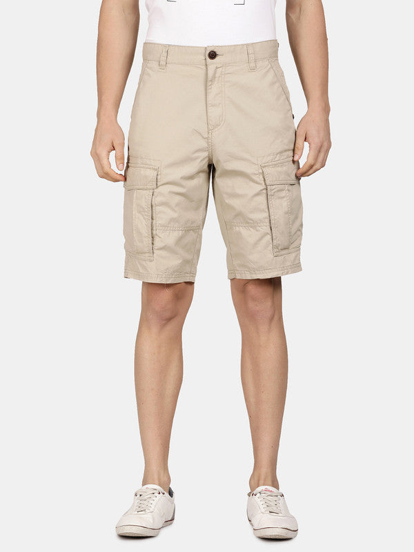 t-base Men Sand Cotton Solid Cargo Shorts