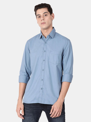t-base Cool Blue Full Sleeve Cotton Solid Casual Shirt