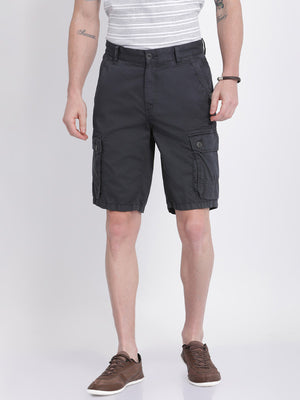 t-base Men Graphite Blue Cotton RFD Solid Cargo Shorts With Belt