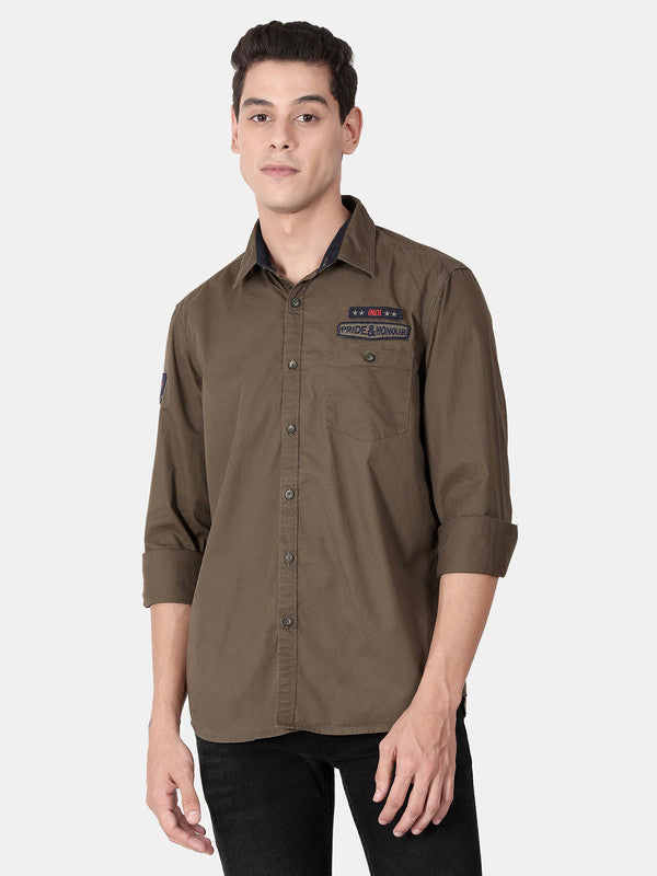 t-base Olive Full Sleeve Cotton Solid Casual Shirt