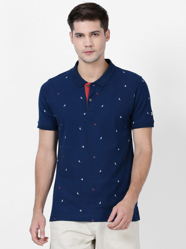 t-base Limoges Blue Cotton Polyester Polo Printed T-Shirt