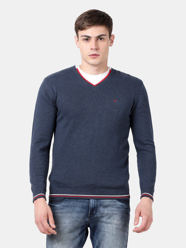 t-base Mood Indigo Melange Full Sleeve V-Neck Solid Sweater