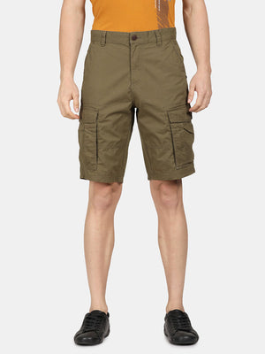 t-base Men Olive Cotton Solid Cargo Shorts