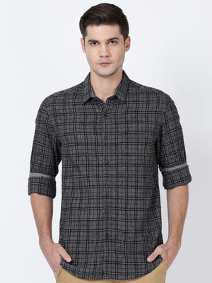 t-base Iron Grey Cotton Linen Checks Shirt