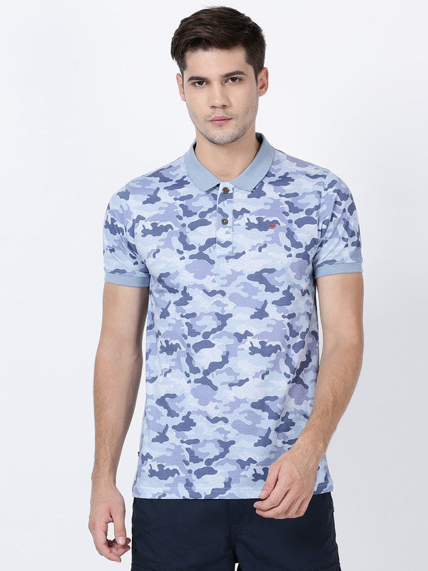t-base Cool Blue Cotton Polyester Polo Printed T-Shirt