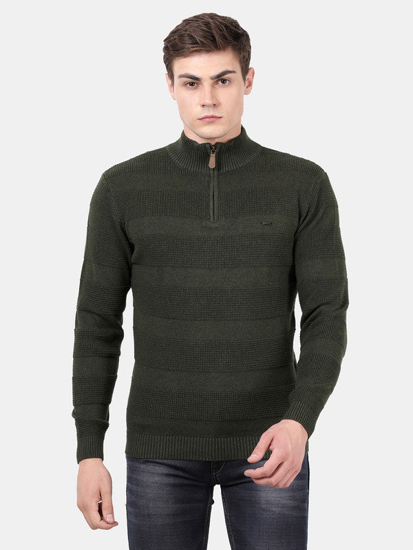 t-base Deep Forest Melange Full Sleeve Half Zip Stylised Sweater