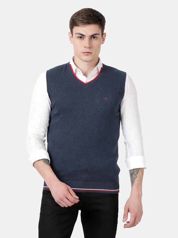 t-base Mood Indigo Melange Sleeve Less V-Neck Solid Sweater