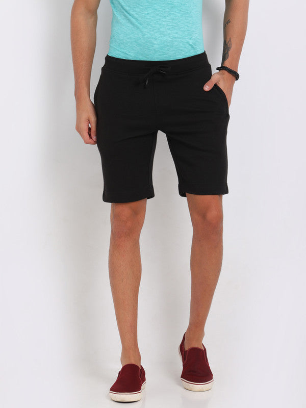 t-base Men Black Cotton Polyester Solid Knitted Shorts