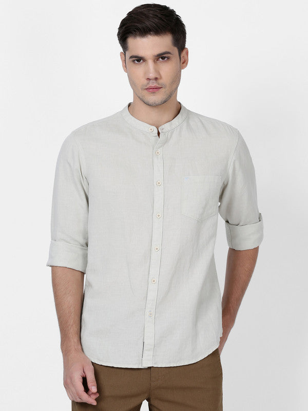 t-base Beige Cotton Linen Solid Shirt