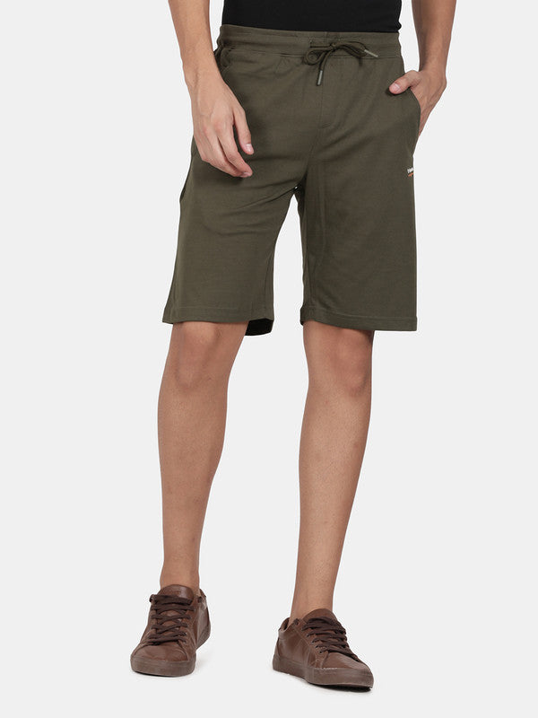 t-base Men Olive Cotton Polyester Solid Knitted Shorts