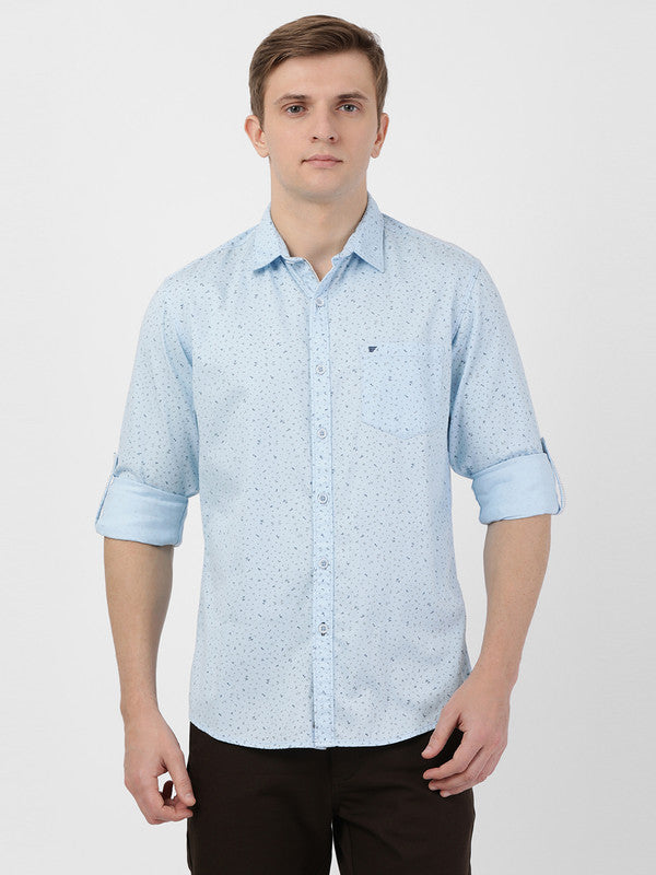 t-base Men Sky Blue Cotton Printed Casual Shirt