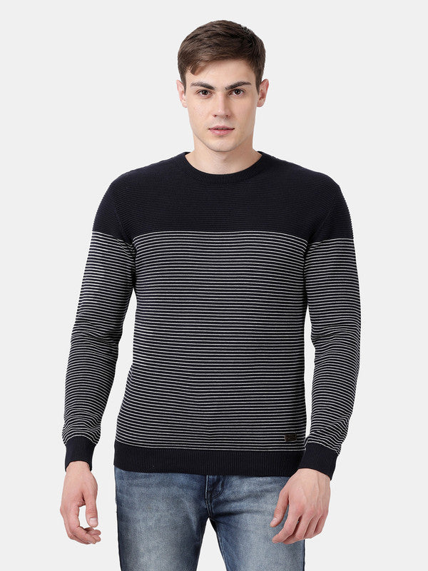 t-base Navy Full Sleeve Crewneck Striper Sweater