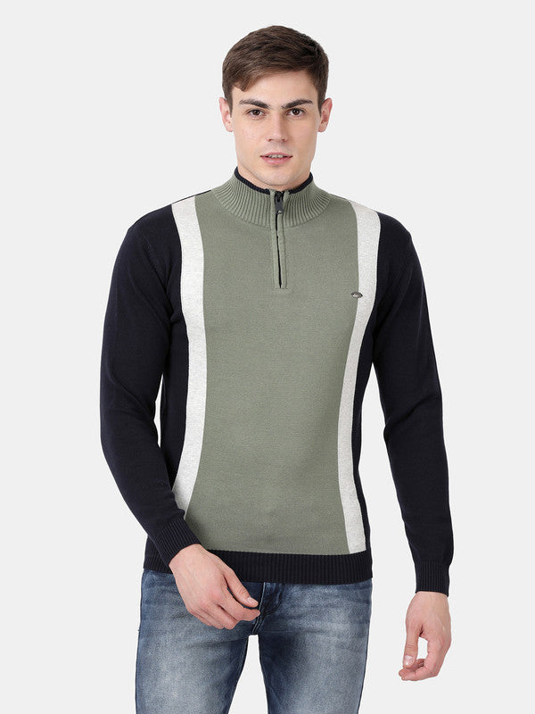 t-base Light Olive Full Sleeve Half Zip Stylised Sweater