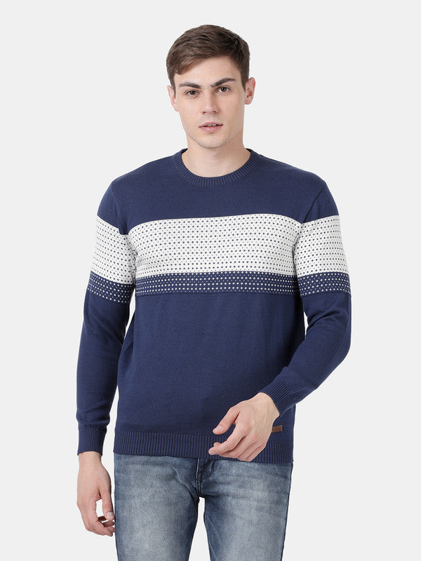 t-base Indigo Blue Full Sleeve Crewneck Stylised Sweater
