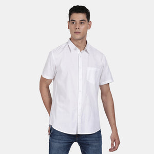 t-base White Half Sleeve Cotton Linen Solid Casual Shirt