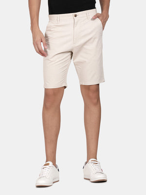 t-base Men Beige Cotton Dobby Stretch Solid Chino Shorts