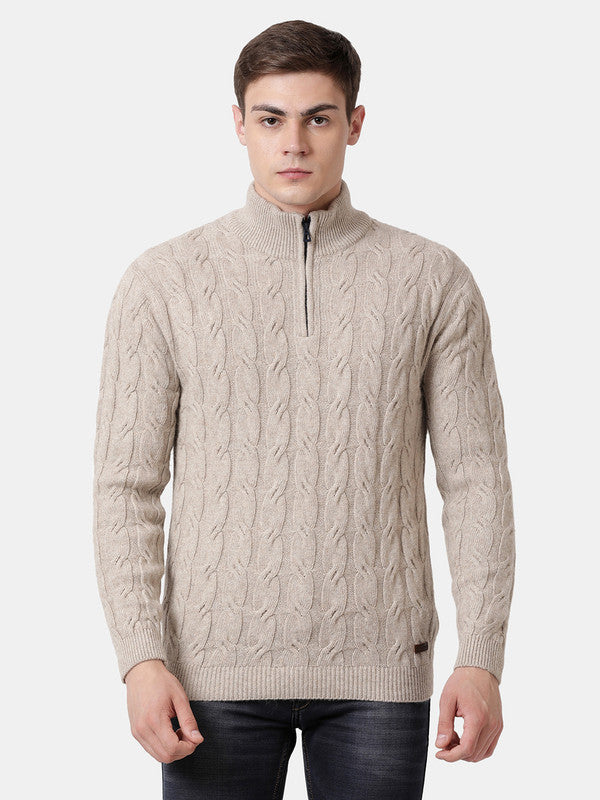 t-base Natural Full Sleeve Half Zip Stylised Sweater