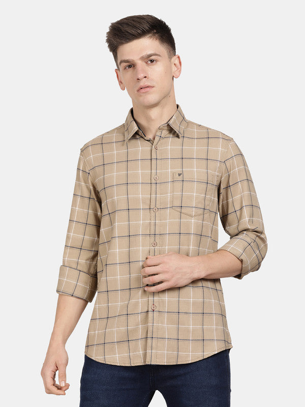 t-base Sand Brown Cotton Twill Checks Shirt