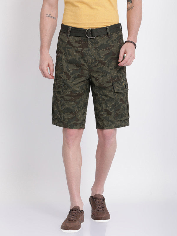 t-base Men Rifle Green Cotton Printed Cargo Shorts With Belt