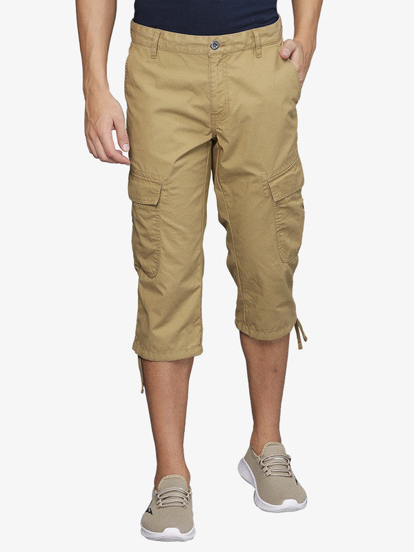 Khaki Cotton Solid Capri 3/4Th Cargo Pants