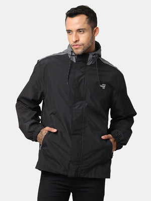 t-base Steel Grey Black Nylon Ripstop Solid Full Sleeve Rainwear Jacket