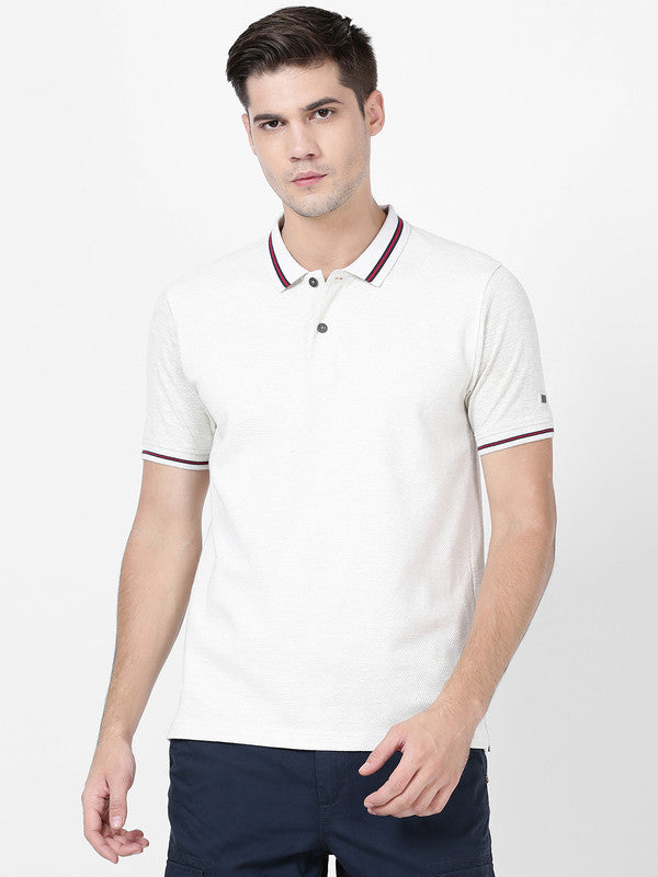 t-base White Melange Cotton Polo Structured T-Shirt