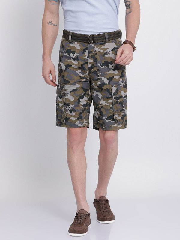 t-base Men Monument Grey Cotton Printed Cargo Shorts With Belt