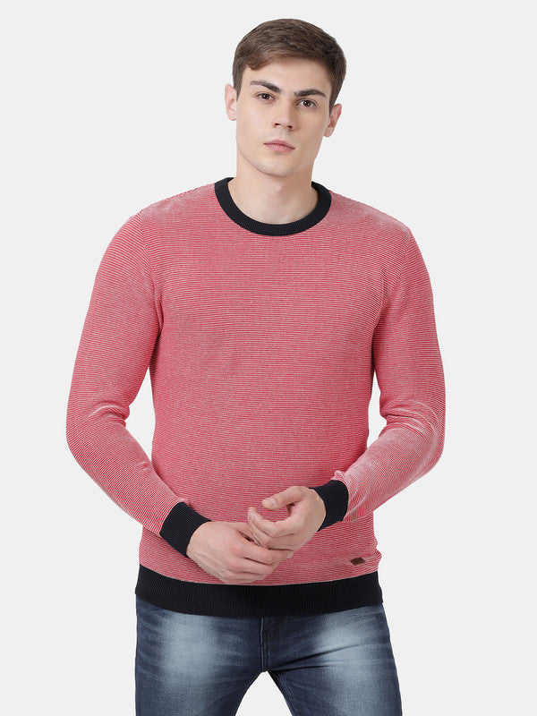 t-base Deep Red Full Sleeve Crewneck Striper Sweater