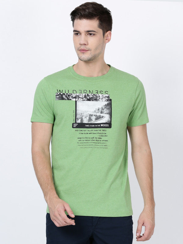 t-base Cactus Melange Cotton Melange Crewneck Printed T-Shirt