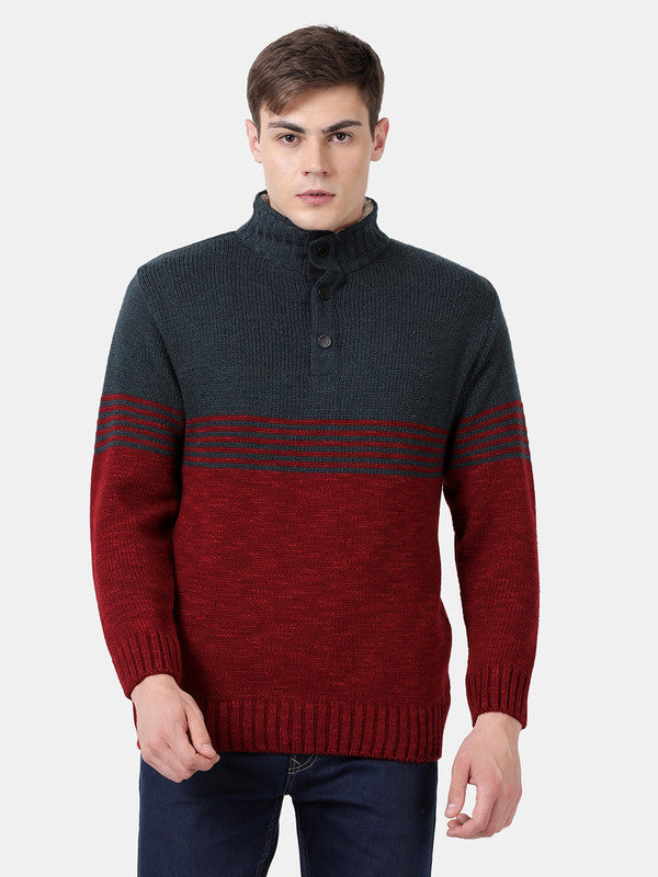 t-base Deep Red Mix Full Sleeve Half Button Down Stylised Sweater