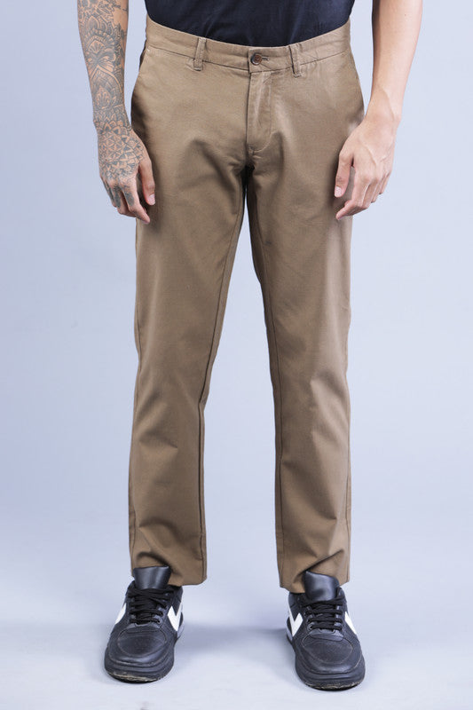 t-base Men Khaki Solid Lycra Chinos Trouser