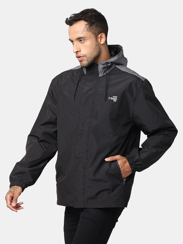 t-base Steel Grey Black Nylon Ripstop Solid Full Sleeve Rainwear Jacket