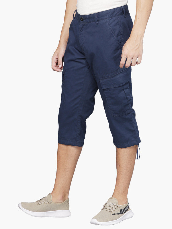 Navy Cotton Solid Capri 3/4Th Cargo Pants