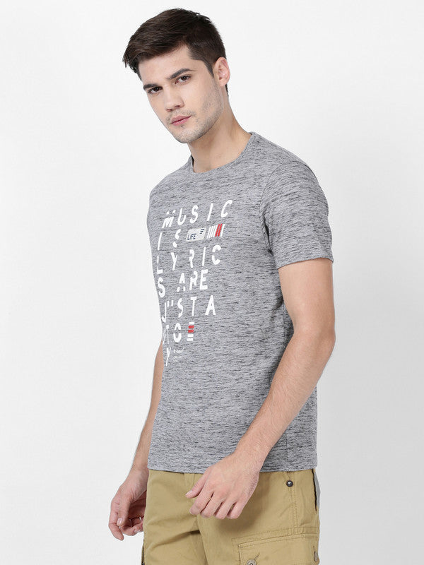 t-base Grey Space Cotton Crewneck Printed T-Shirt