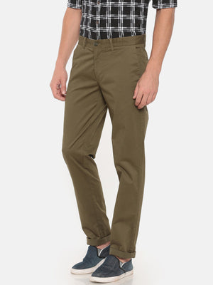 t-base men's Dark Green Solid Cotton Slim Straight Chino Pant