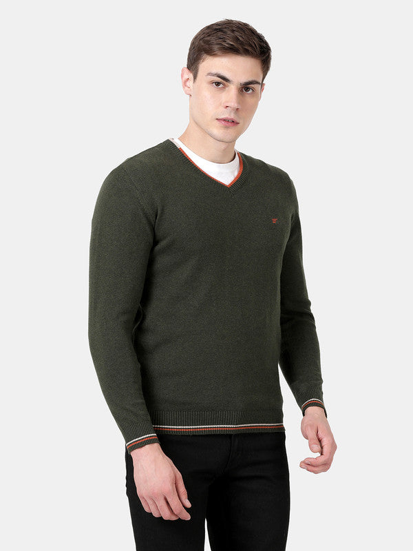 t-base Deep Forest Melange Full Sleeve V-Neck Solid Sweater