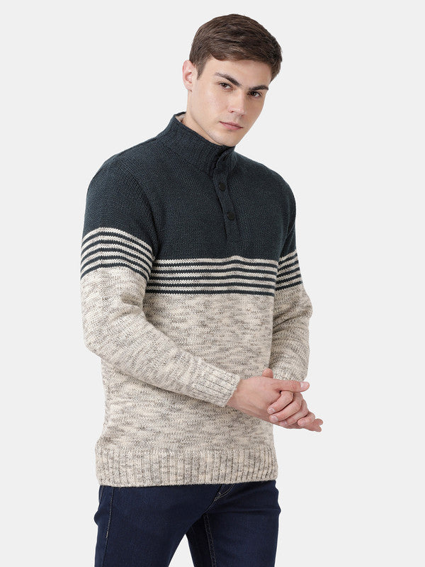 t-base Ecru Mix Full Sleeve Half Button Down Stylised Sweater