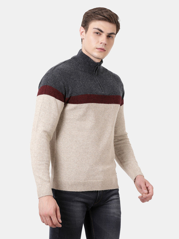 t-base Bright Denim Full Sleeve Half Zip Stylised Sweater