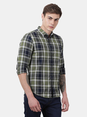 t-base Men Forest Green Cotton Indigo Checks Casual Shirt