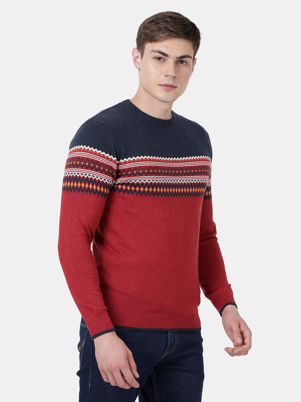 t-base Brick Red Melange Full Sleeve Crewneck Stylised Sweater