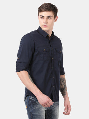 t-base Dark Navy Cotton Lycra Solid Shirt