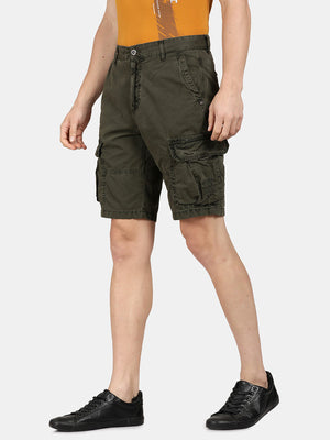 t-base Men Moss Green Cotton RFD Solid Cargo Shorts