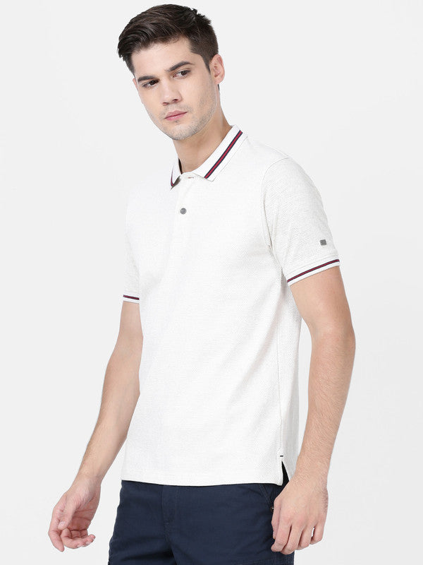 t-base White Melange Cotton Polo Structured T-Shirt