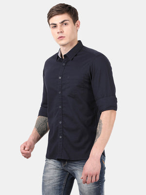 t-base Men Navy Cotton/Lycra Solid Casual Shirt