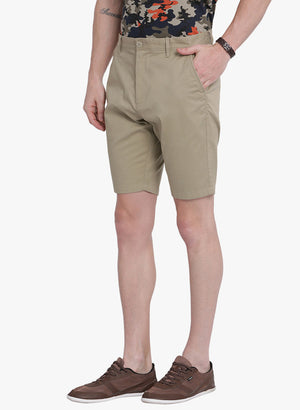 t-base Men Khaki Cotton Dobby Stretch Solid Basic Shorts