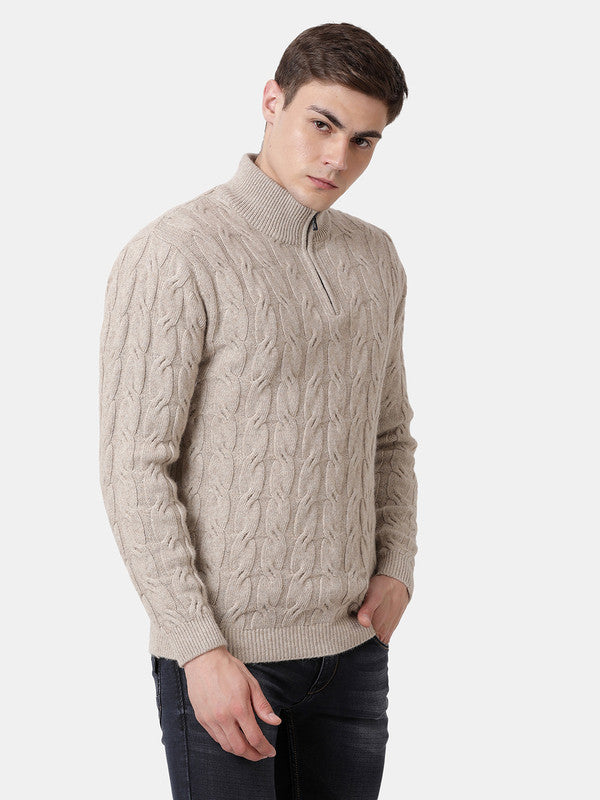 t-base Natural Full Sleeve Half Zip Stylised Sweater