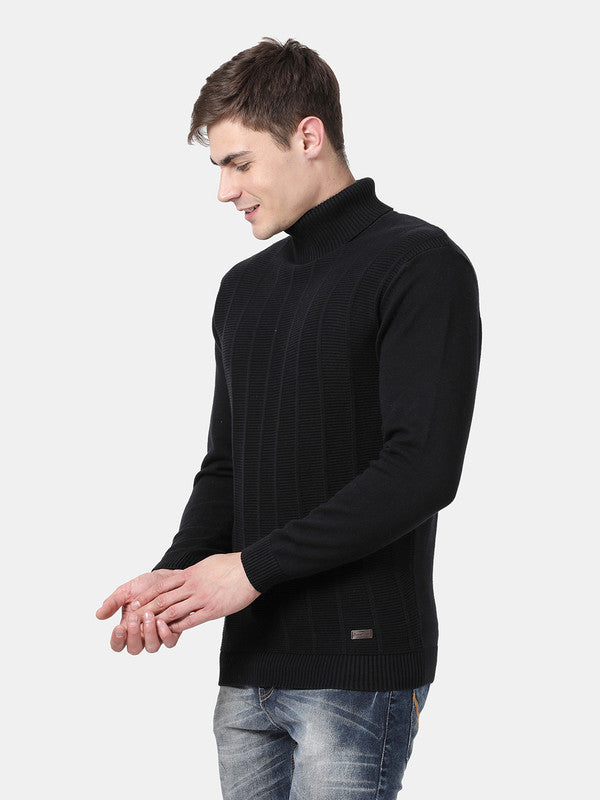 t-base Black Full Sleeve Turtle Neck Stylised Sweater
