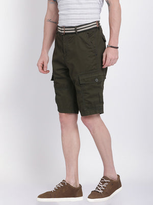 t-base Men Dark Olive Cotton Solid Cargo Shorts With Belt